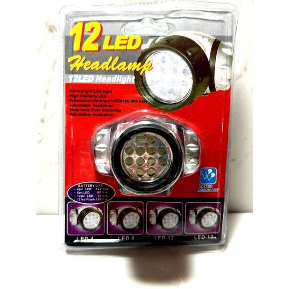 12 LED Headlamp Headlight High Intensity Adjustable Headstrap Water Resistant - Picture 1 of 3